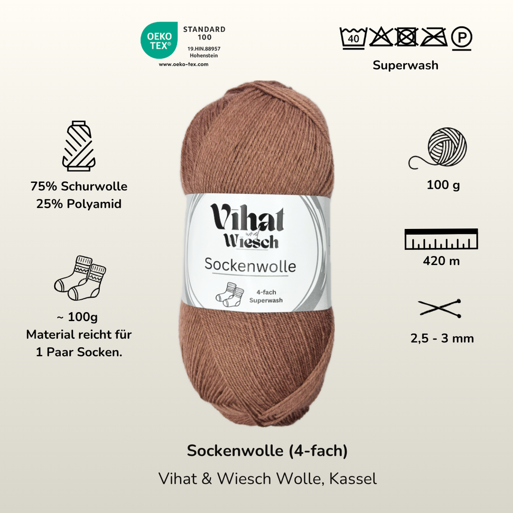 Vihat & Wiesch | 4-ply Sock Yarn | 75% Virgin Wool, 25% Polyamide | 100g (420m) | Cinnamon