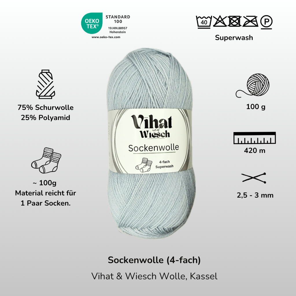 Vihat & Wiesch | Sock Yarn 4-ply | 75% Virgin Wool, 25% Polyamide | 100g (420m) | Silver Blue