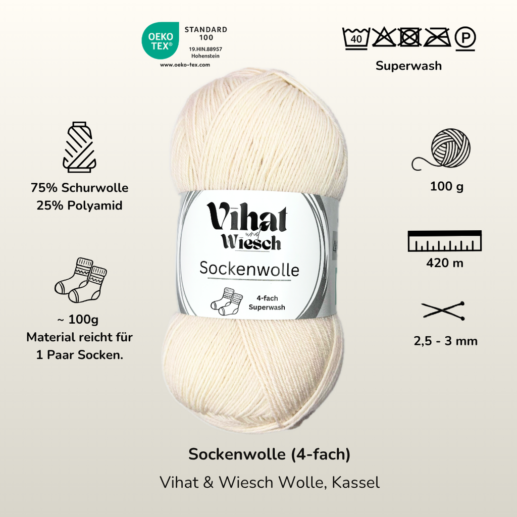 Vihat & Wiesch | Sock Yarn 4-ply | 75% Virgin Wool, 25% Polyamide | 100g (420m) | Vanilla