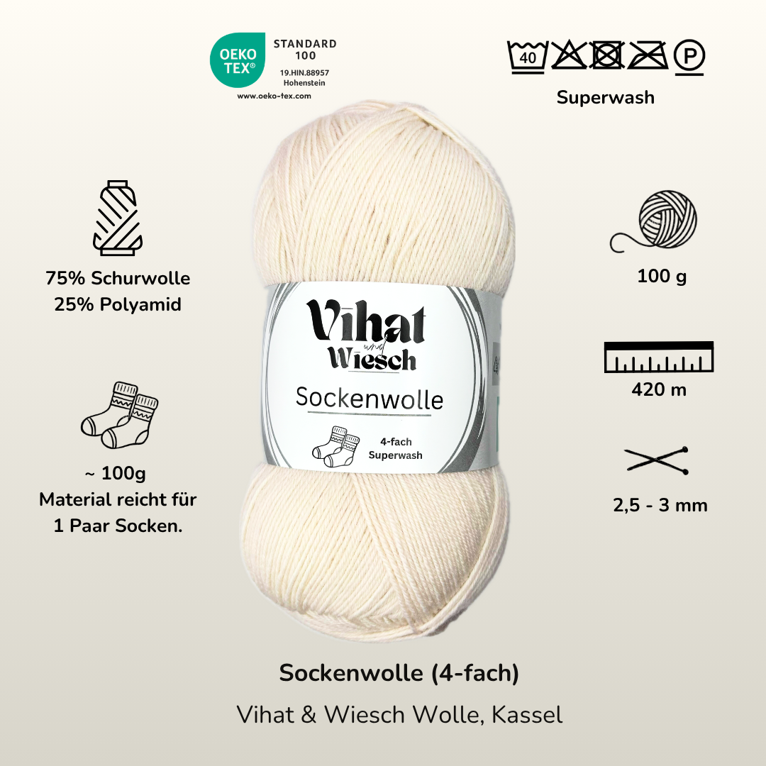 Vihat & Wiesch | Sockenwolle 4-fach | 75% Schurwolle, 25% Polyamid | 100g (420m) | Vanille