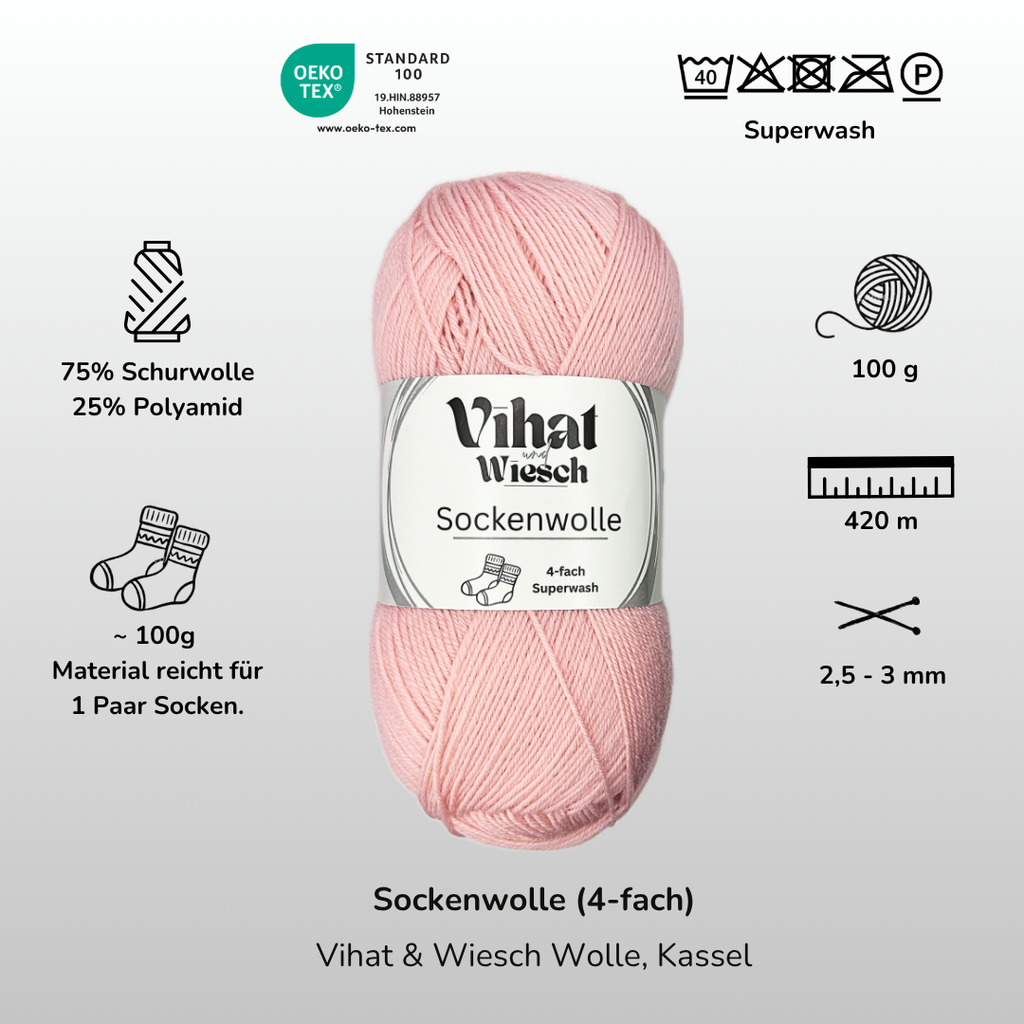 Vihat & Wiesch | Sock Yarn 4-ply | 75% Virgin Wool, 25% Polyamide | 100g (420m) | Old Rose