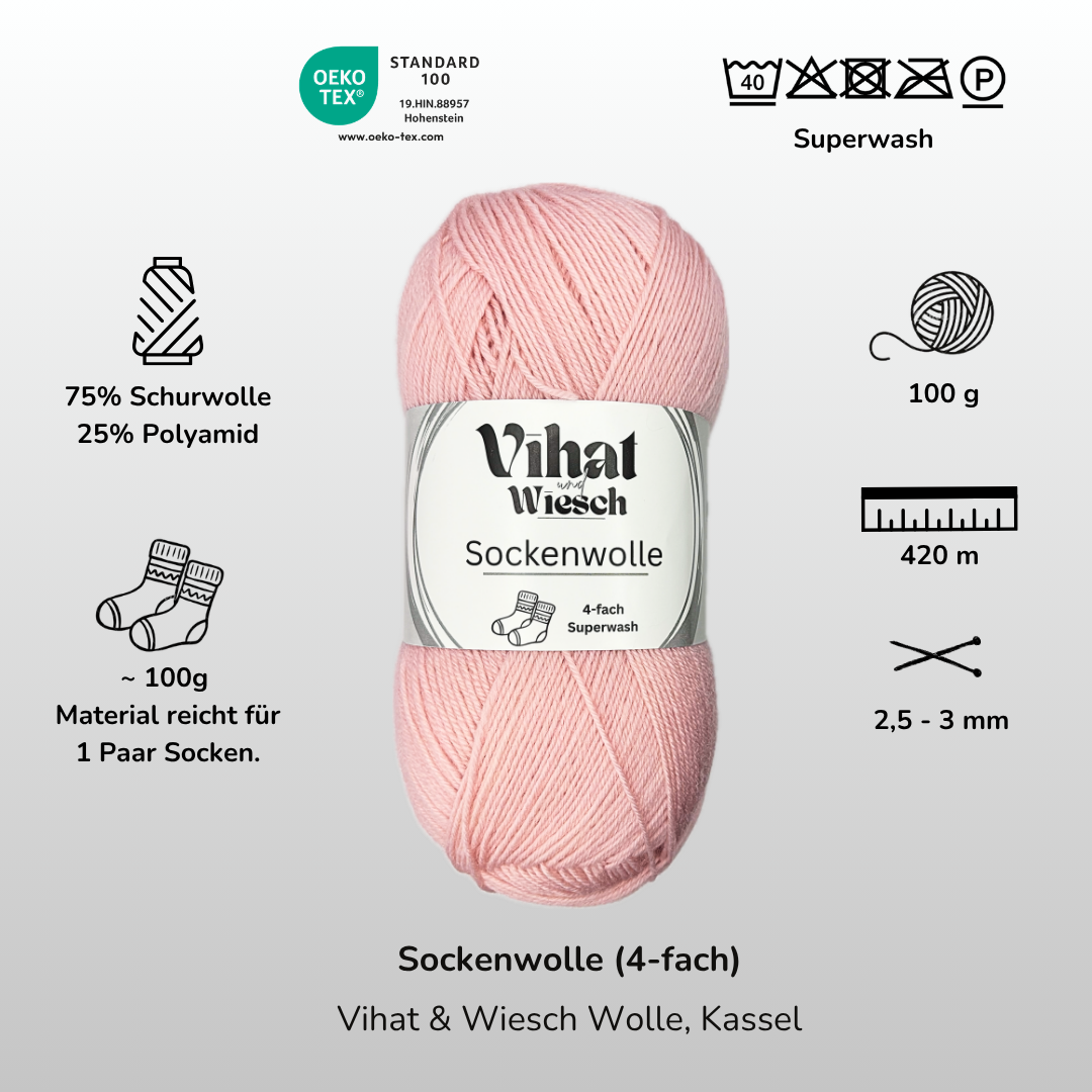 Vihat & Wiesch | Sockenwolle 4-fach | 75% Schurwolle, 25% Polyamid | 100g (420m) | Altrosa