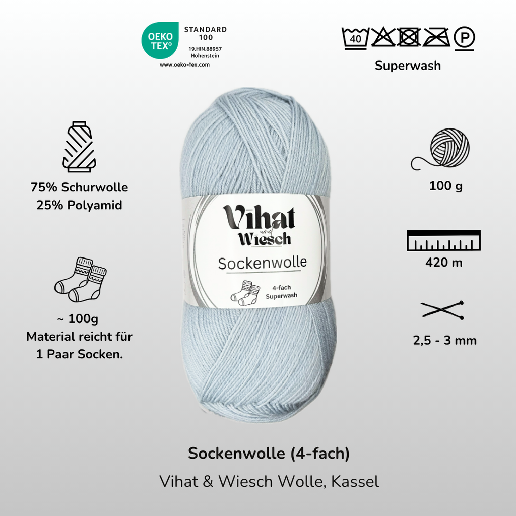 Vihat & Wiesch | Sock Yarn 4-ply | 75% Virgin Wool, 25% Polyamide | 100g (420m) | Ice Blue