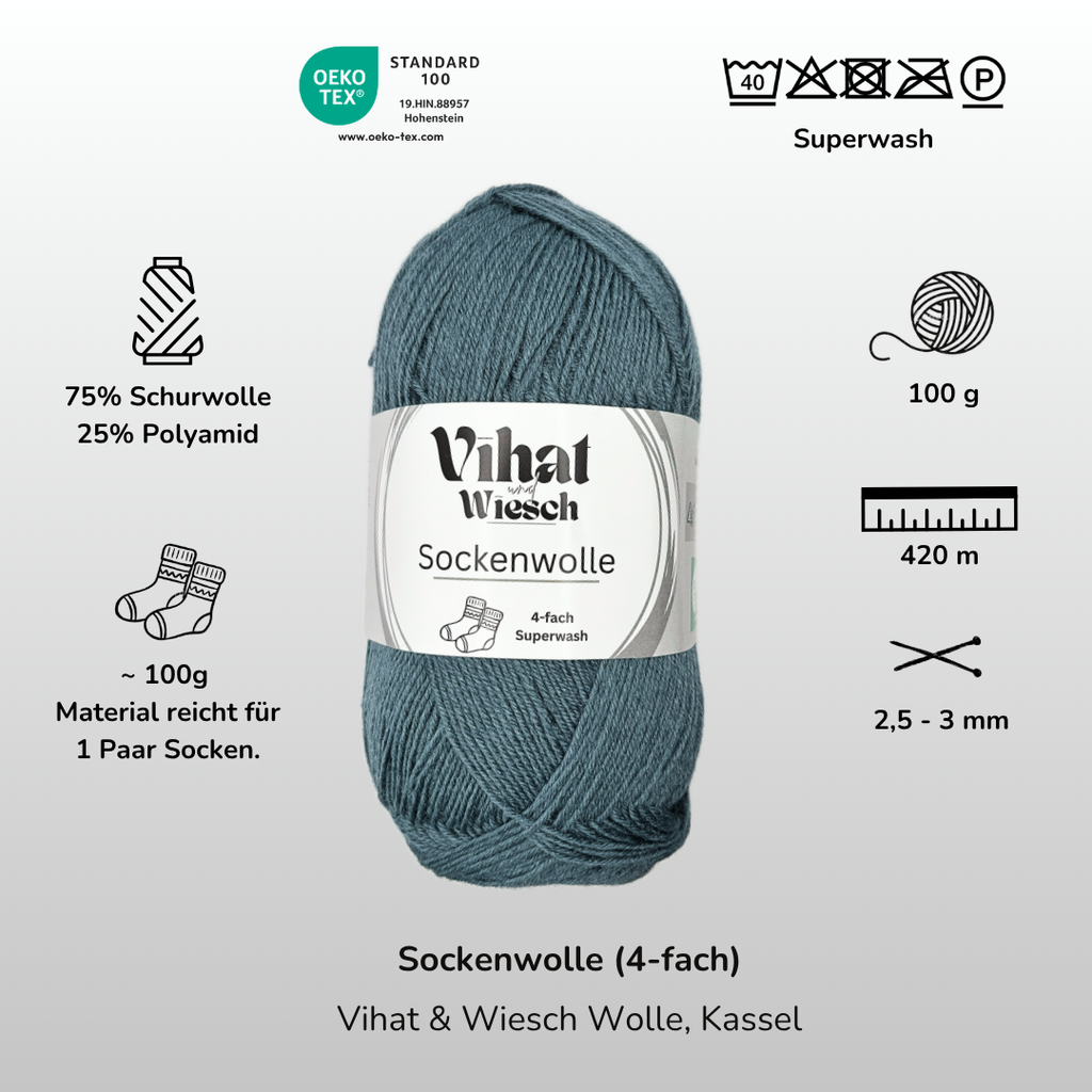 Vihat & Wiesch | Sock Yarn 4-ply | 75% Virgin Wool, 25% Polyamide | 100g (420m) | Peacock Blue