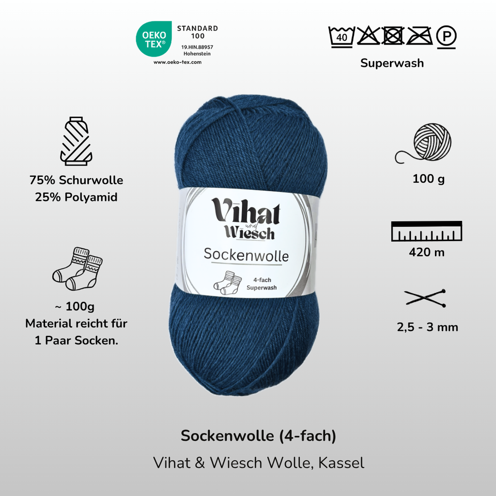 Vihat & Wiesch | 4-ply Sock Yarn | 75% Virgin Wool, 25% Polyamide | 100g (420m) | Navy Blue
