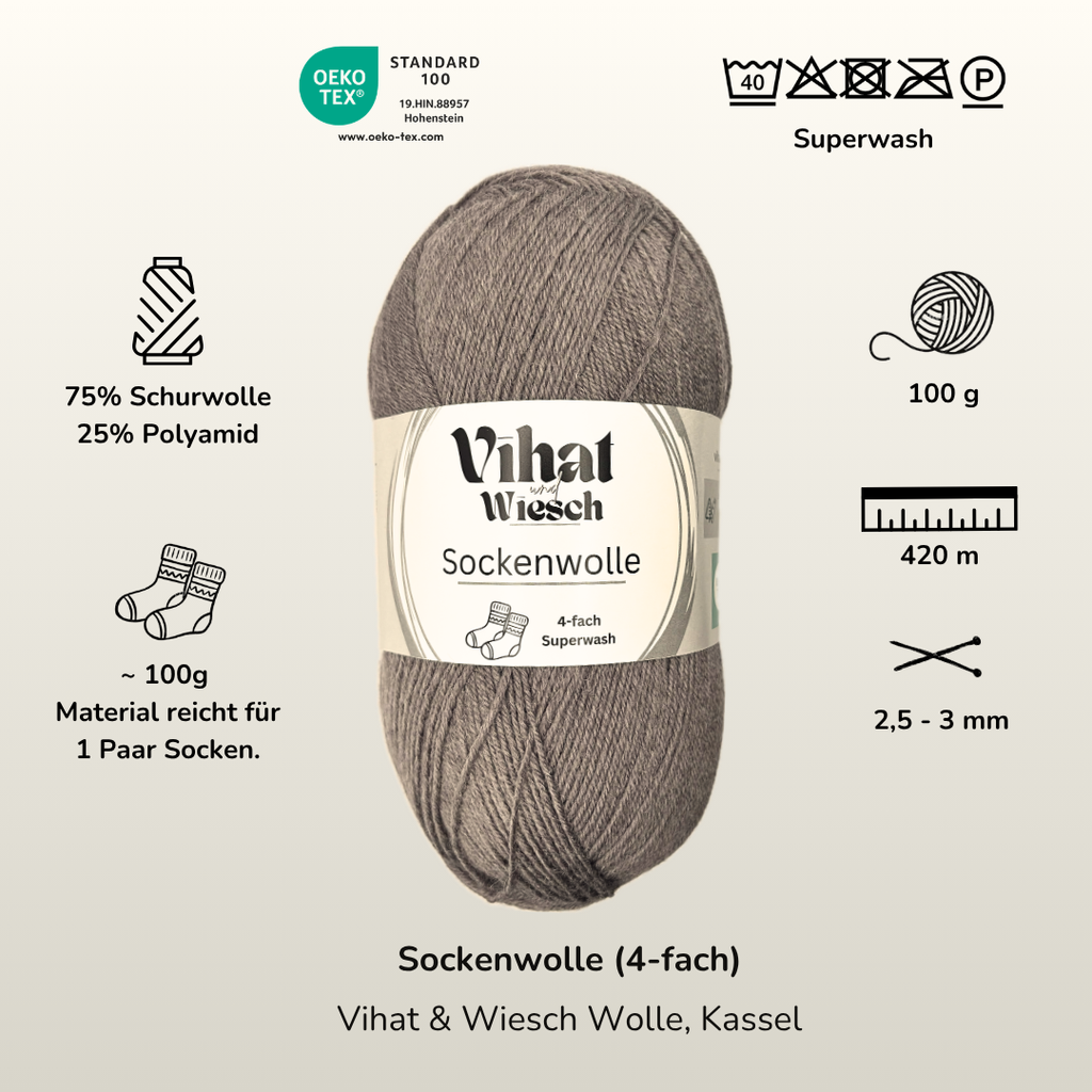 Vihat & Wiesch | 4-ply Sock Yarn | 75% Virgin Wool, 25% Polyamide | 100g (420m) | Taupe
