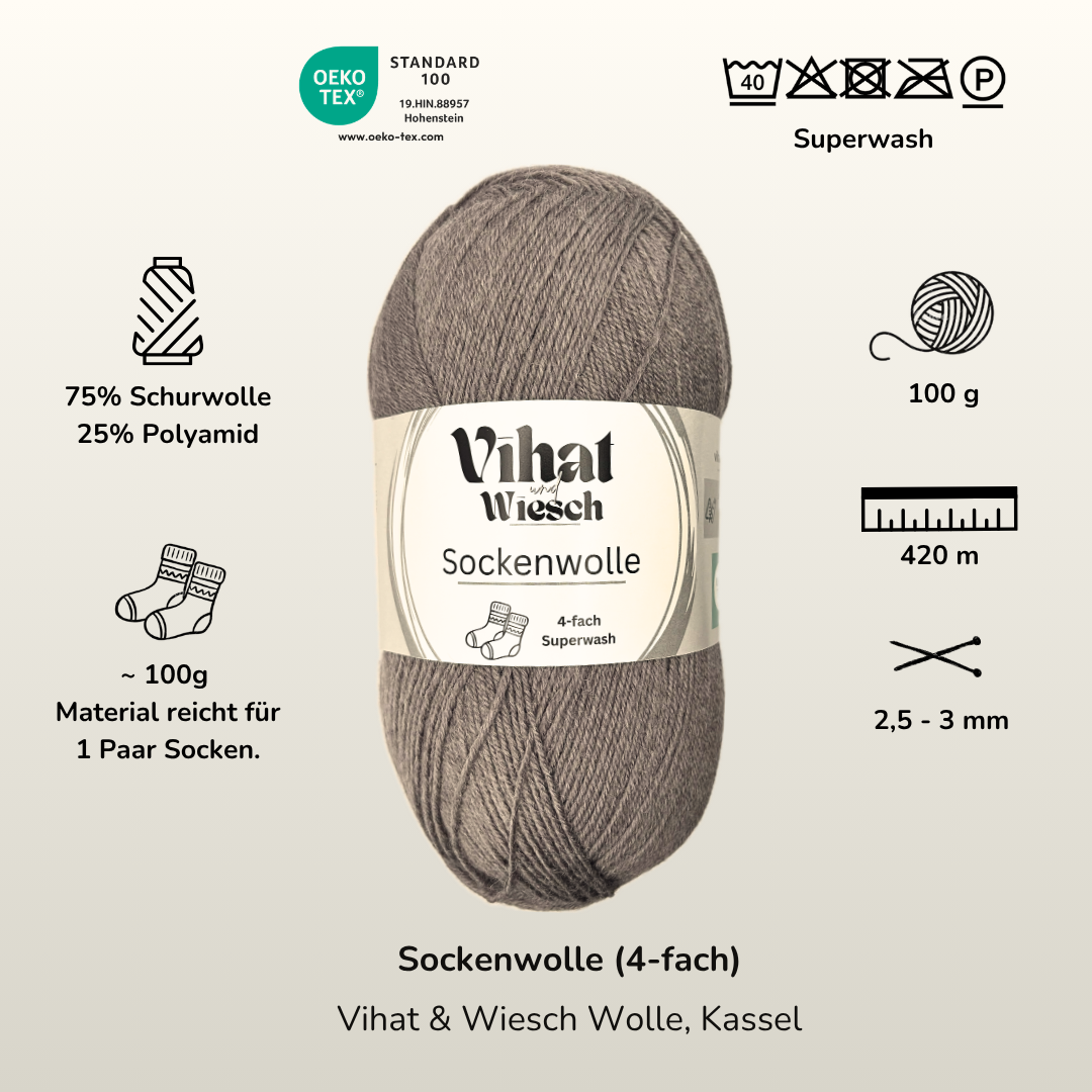 Vihat & Wiesch | Sockenwolle 4-fach | 75% Schurwolle, 25% Polyamid | 100g (420m) | Taupe
