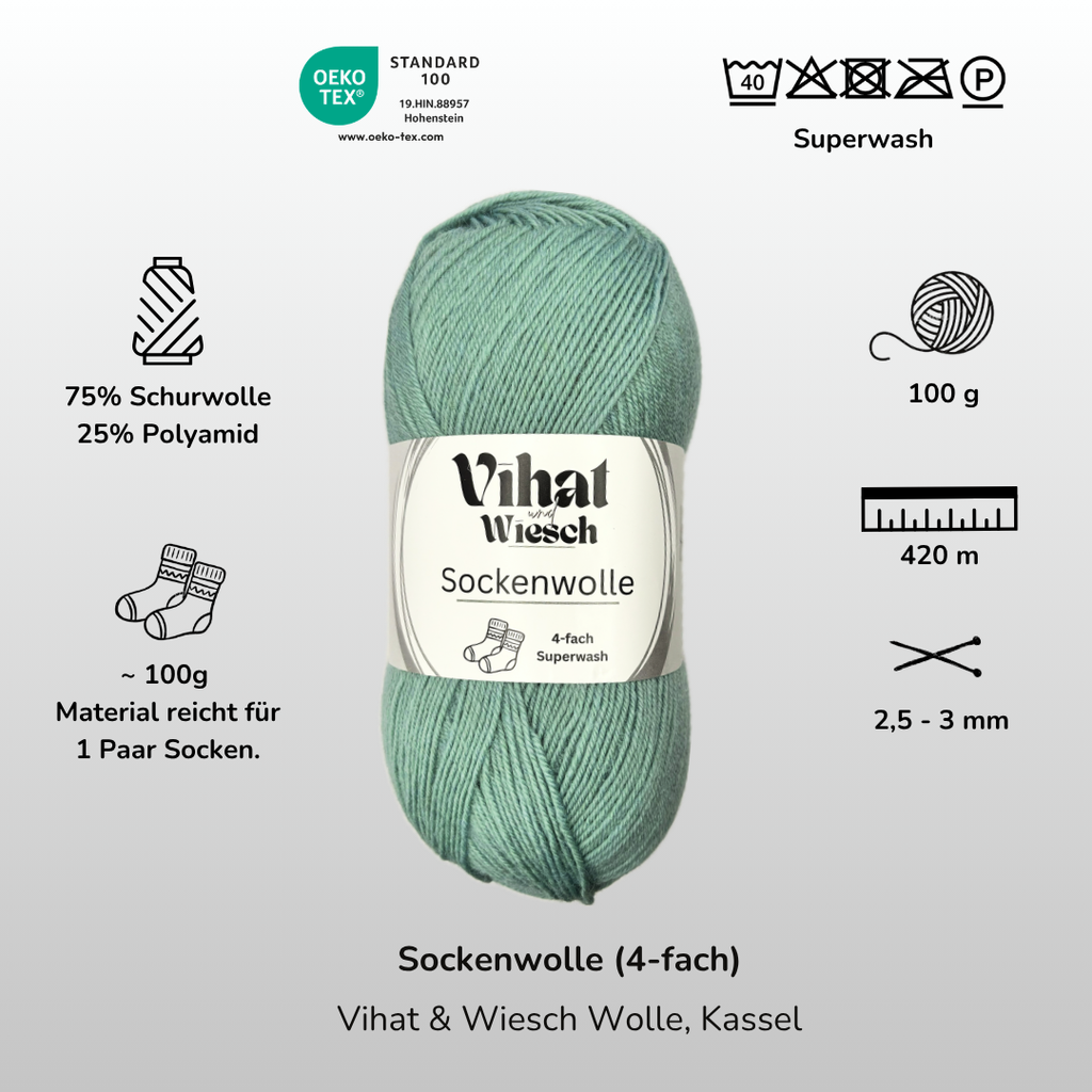 Vihat & Wiesch | 4-ply Sock Yarn | 75% Virgin Wool, 25% Polyamide | 100g (420m) | Sage Green
