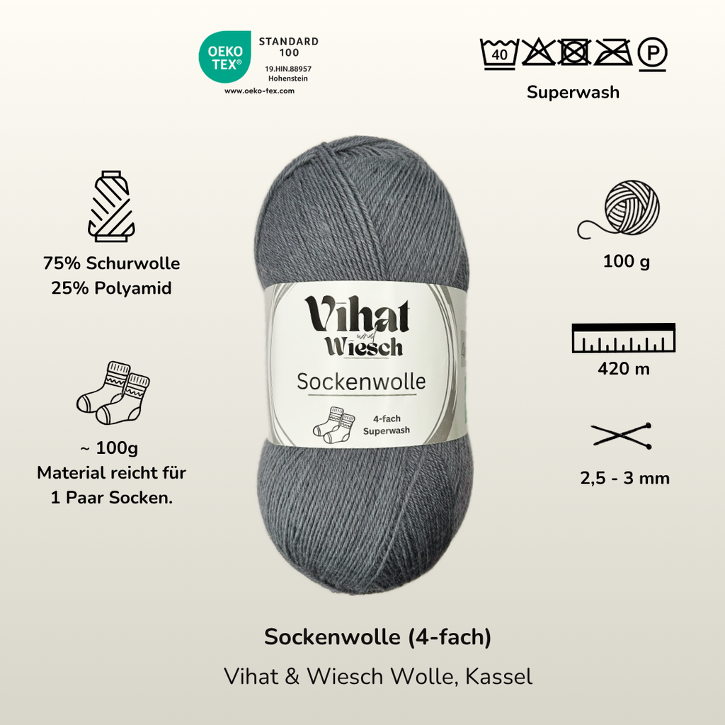 Vihat & Wiesch | 4-ply Sock Yarn | 75% Virgin Wool, 25% Polyamide | 100g (420m) | Dark Grey