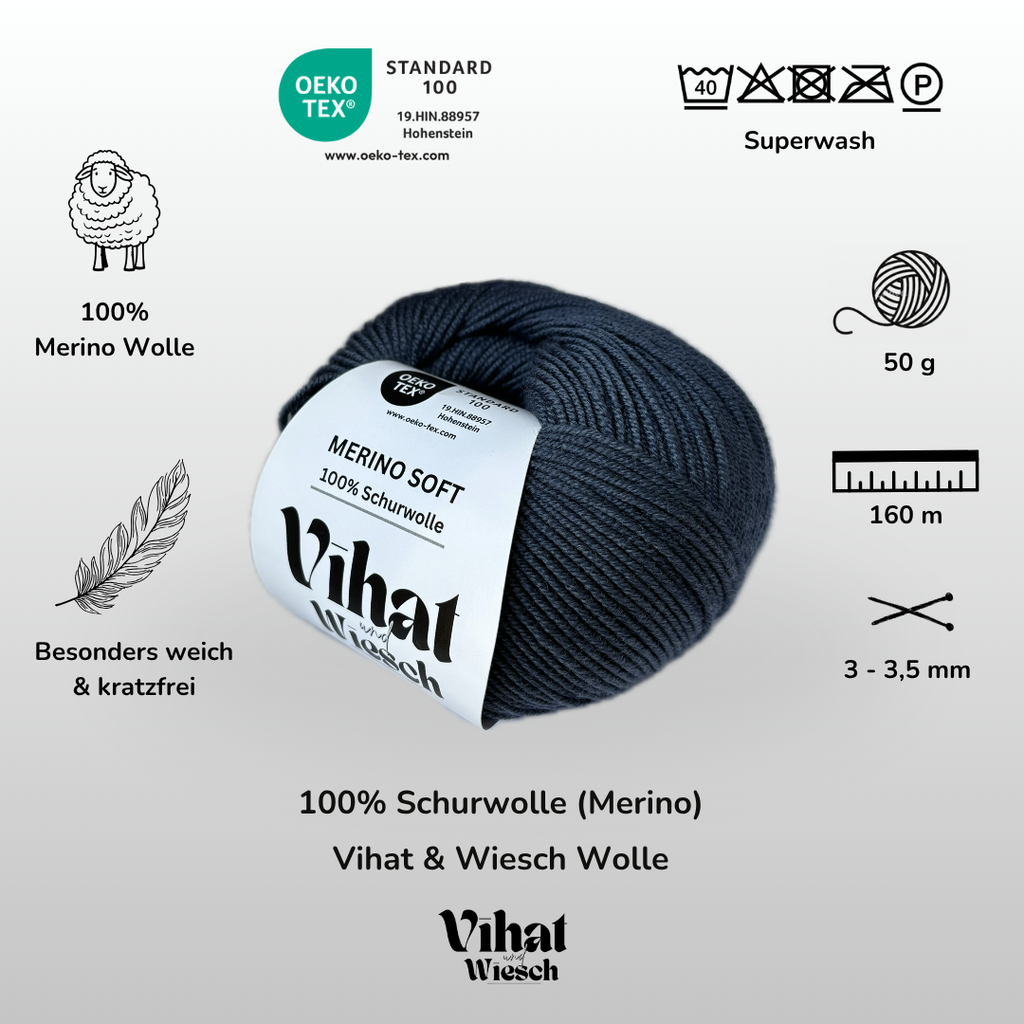 Vihat & Wiesch | Merino Soft | 100% Schurwolle | 50g (160m) | Nadel 3 - 3,5mm | Dunkelblau