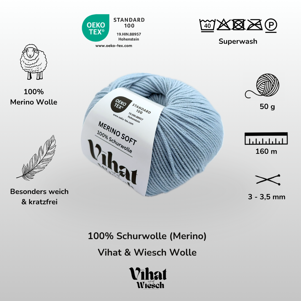 Vihat & Wiesch | Merino Soft | 100% Virgin Wool | 50g (160m) | Needle 3 - 3.5mm | Sky