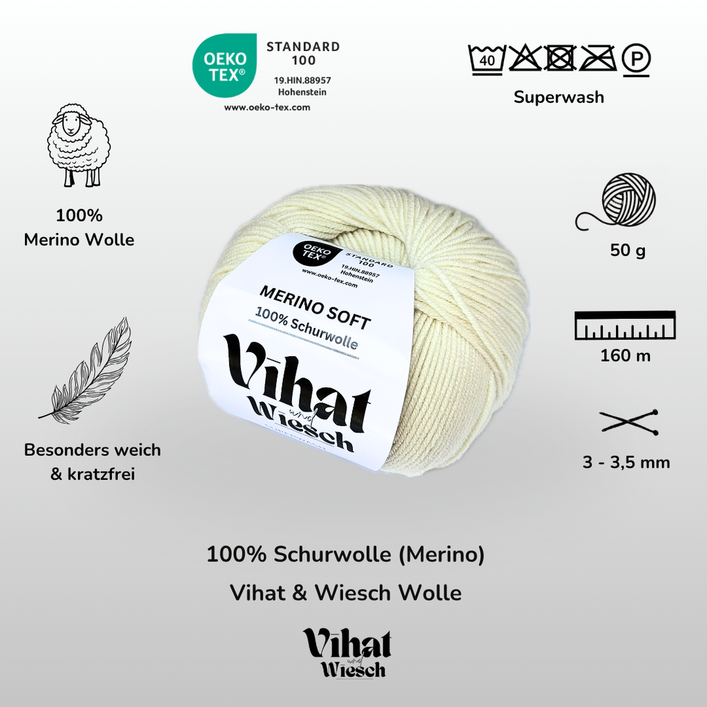 Vihat & Wiesch | Merino Soft | 100% Virgin Wool | 50g (160m) | Needle 3 - 3.5mm | Natural White