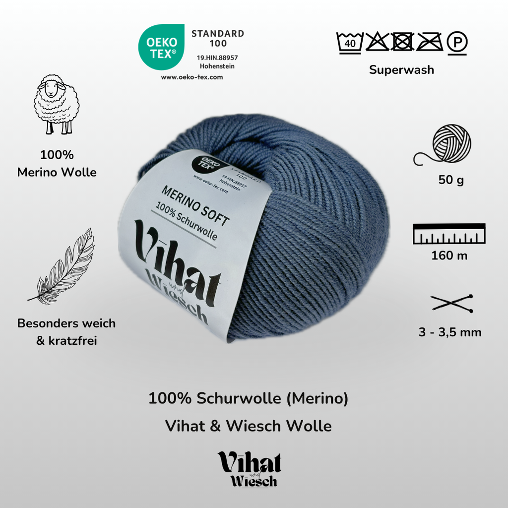 Vihat & Wiesch | Merino Soft | 100% Virgin Wool | 50g (160m) | Needle 3 - 3.5mm | Light blue
