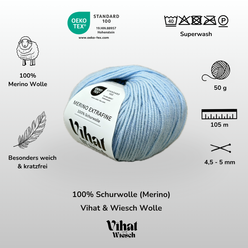 Vihat & Wiesch | Merino Extrafine | 100% Virgin Wool | 50g (105m) | Needle 4.5 - 5mm | Sky Blue