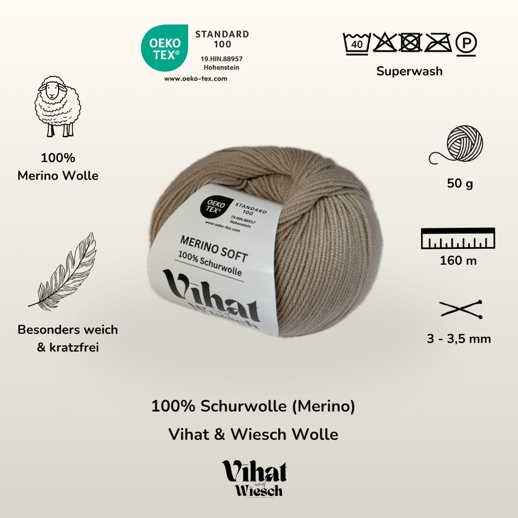 Vihat & Wiesch | Merino Soft | 100% Virgin Wool | 50g (160m) | Needle 3 - 3.5mm | Brown 