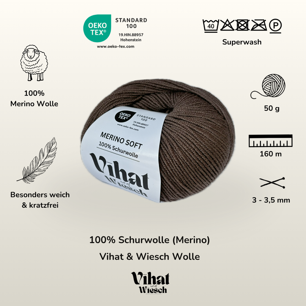 Vihat & Wiesch | Merino Soft | 100% Virgin Wool | 50g (160m) | Needle 3 - 3.5mm | Chocolate Brown 