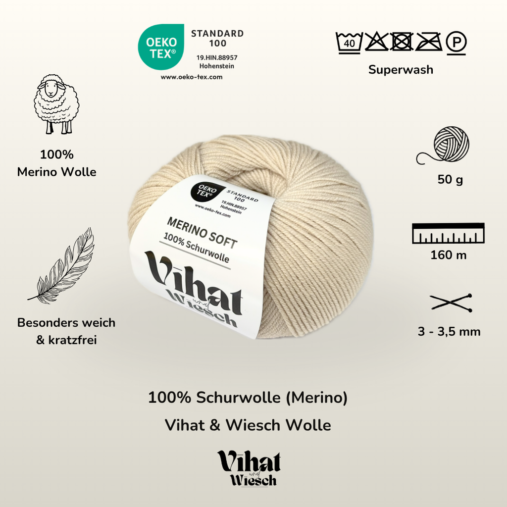 Vihat & Wiesch | Merino Soft | 100% Virgin Wool | 50g (160m) | Needle 3 - 3.5mm | Beige