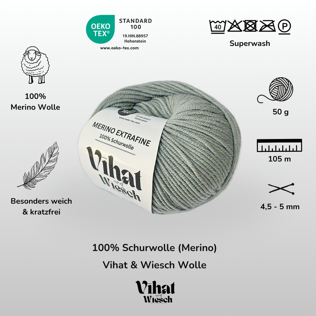 Vihat & Wiesch | Merino Extrafine | 100% Virgin Wool | 50g (105m) | Needle 4.5 - 5mm | Dove Grey