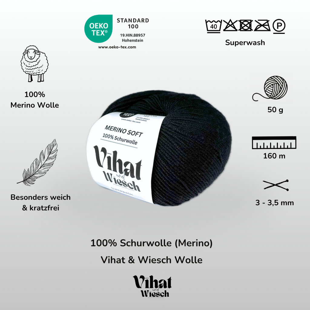Vihat & Wiesch | Merino Soft | 100% Virgin Wool | 50g (160m) | Needle 3 - 3.5mm | Black